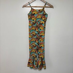 Kids Girl’s Whimsical School Bus Leopard Floral Print Bell Bottom Romper Size 7